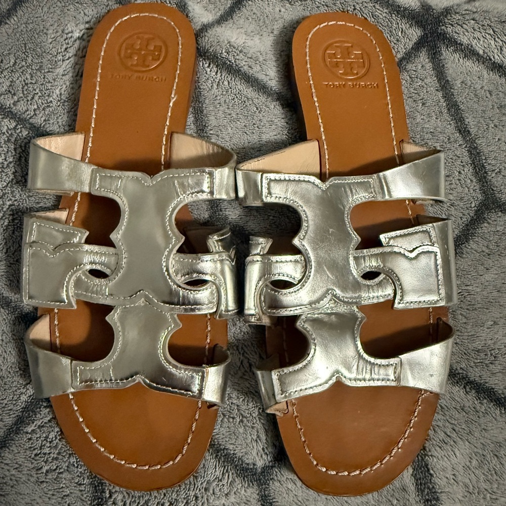 Tory Burch Metallic Silver Slides